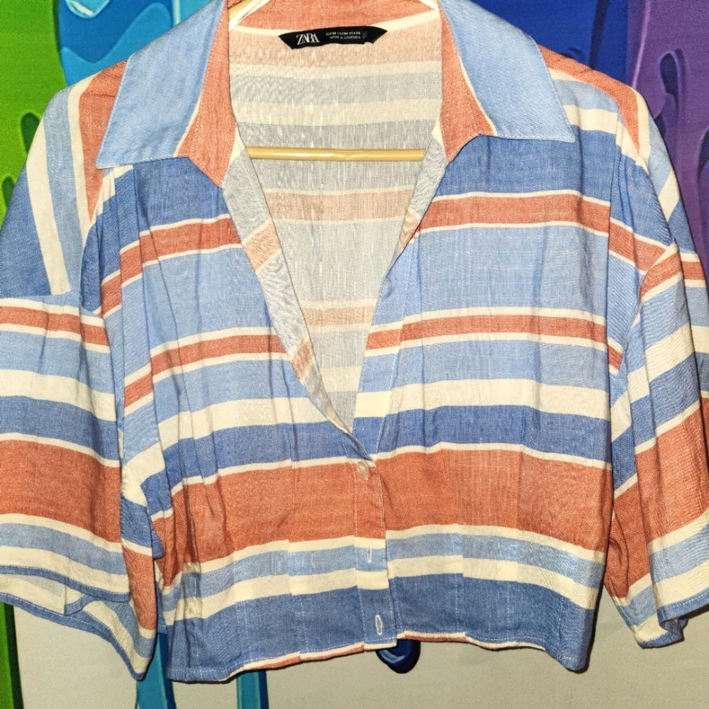 Medium, Zara, Women's Striped Blue and Orange Top